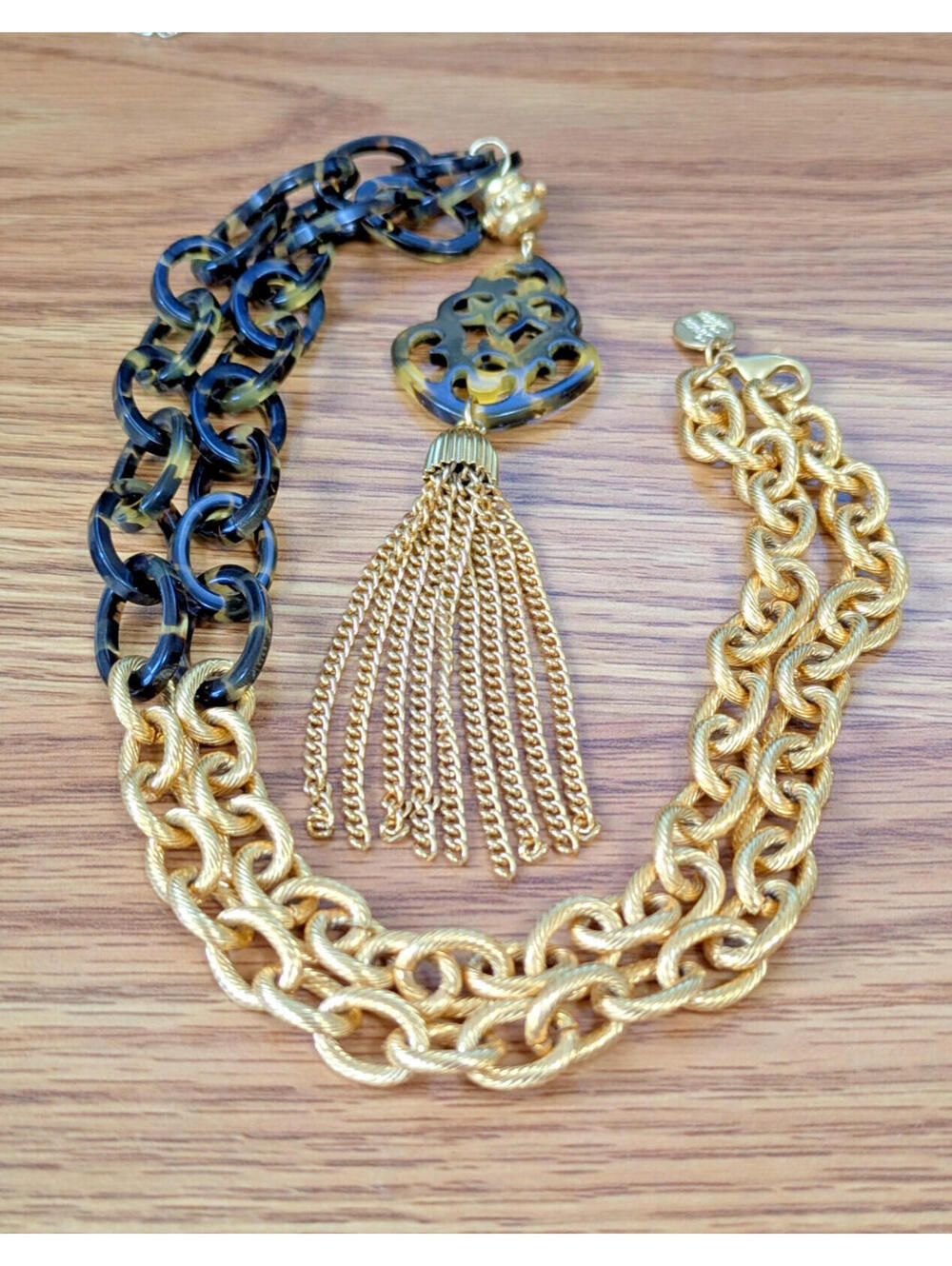 Susan Shaw Necklace Textured Gold Chain Tortoise Pendant Chunky Link 24K Plated
